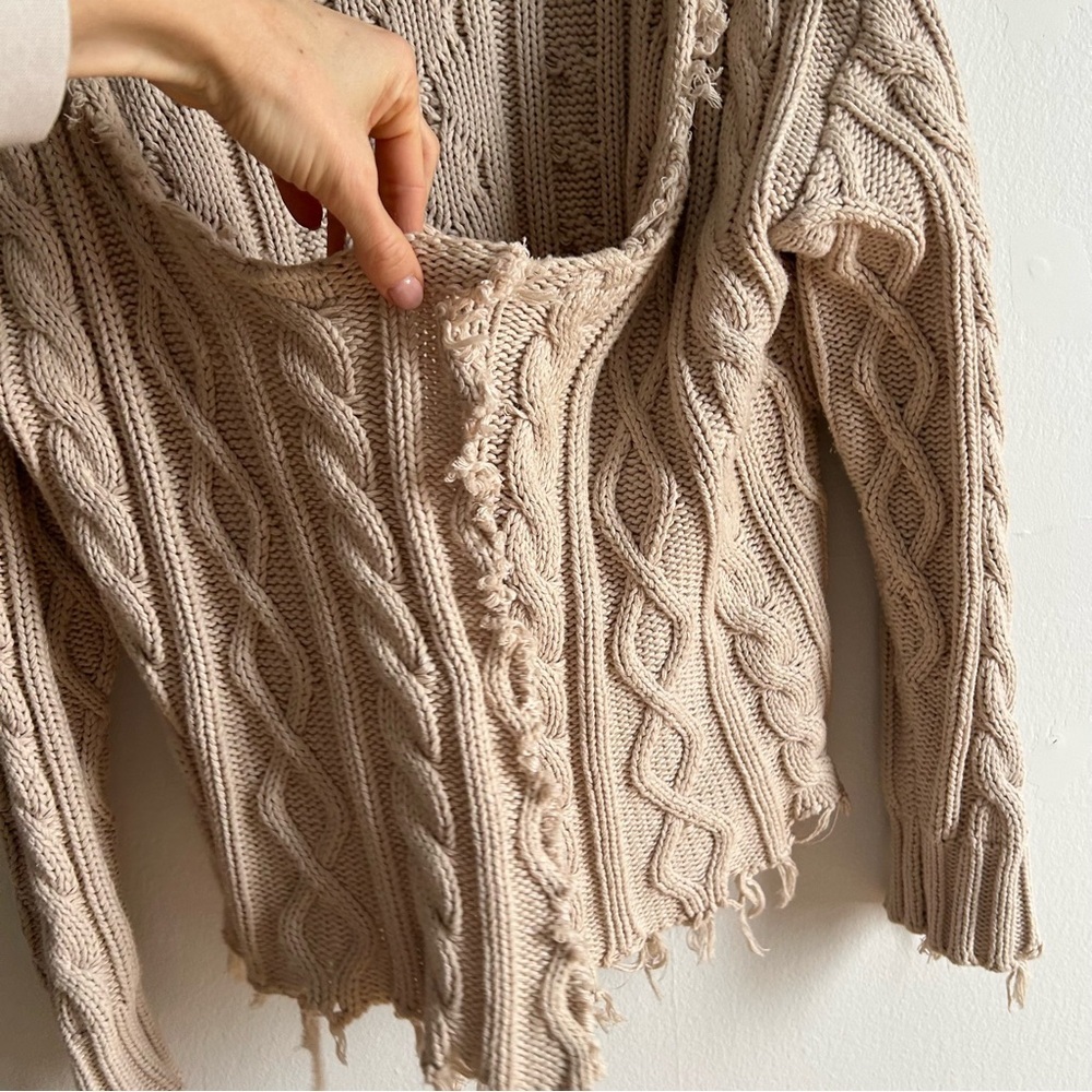 Pistola Sz L Cream Tan Cable Knit Distressed Cascade Cardigan Sweater - Picture 7 of 11